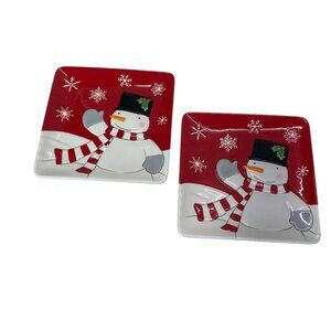 St. Nicholas Square Snowman Appetizer Plates Set Of 2 Red & White Ceramic